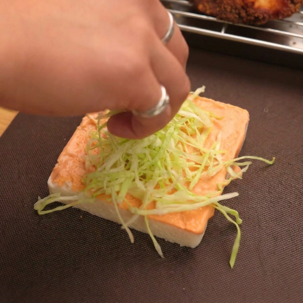 A hand placing a handful of shredded green cabbage over orange sauce on a slice of bread.
