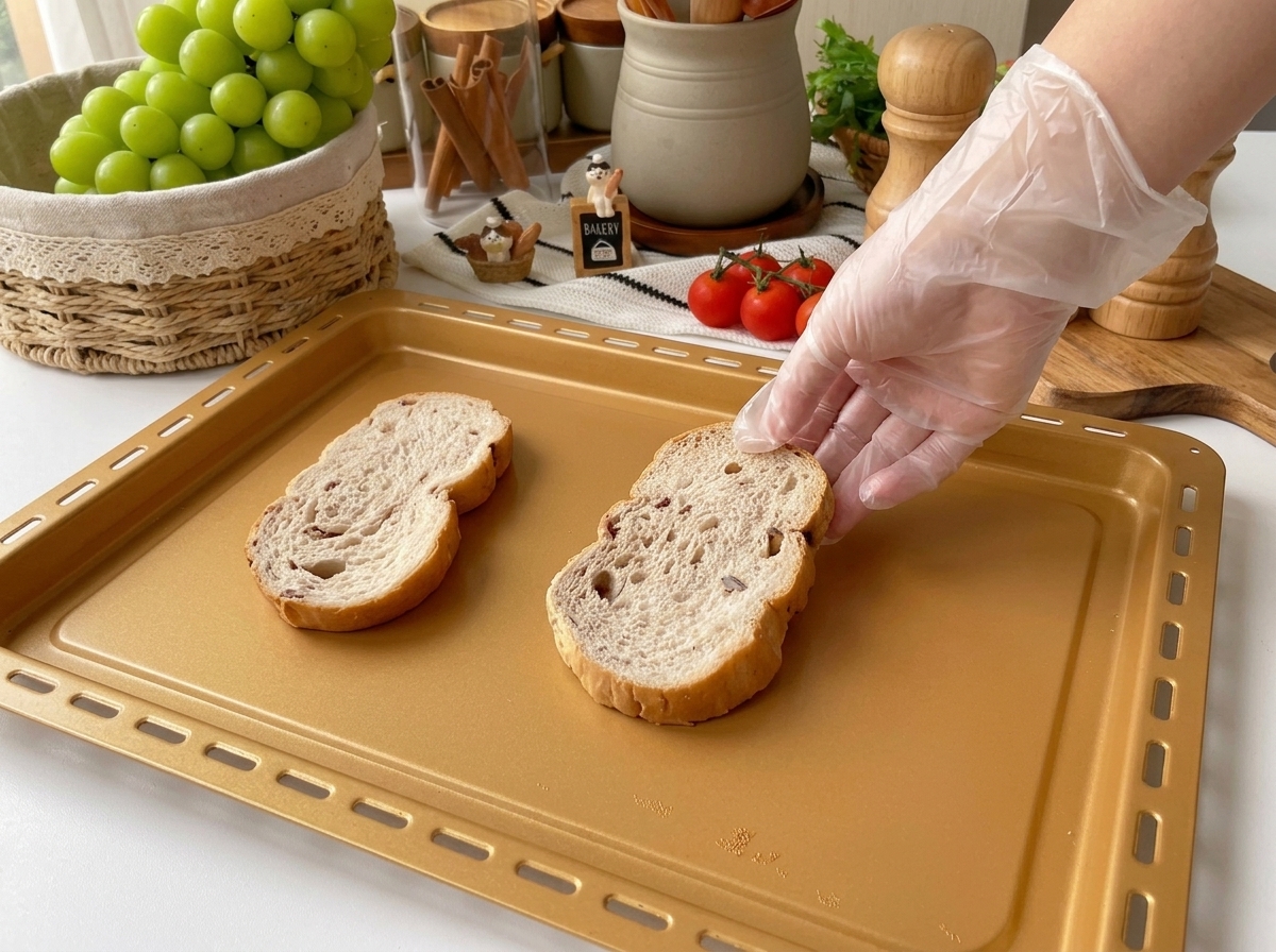 Slices of speckled bread placed on a bronze baking tray ready to be toasted.
