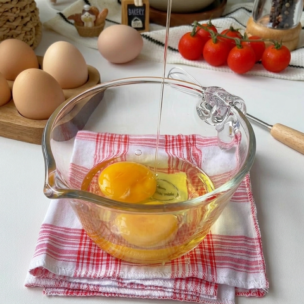 Three raw eggs cracked into a clear glass measuring bowl.