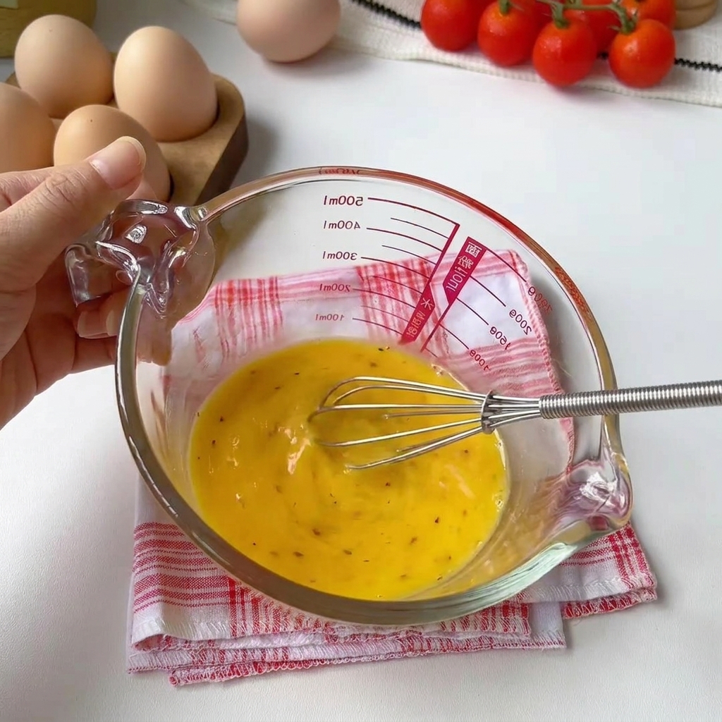 Beaten eggs seasoned with black pepper being whisked in a clear glass measuring bowl.