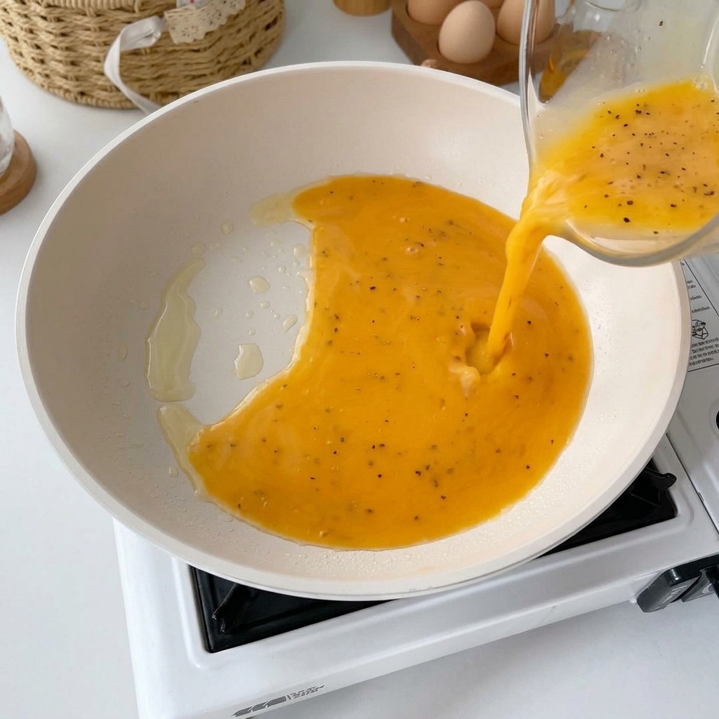 Beaten egg mixture being poured into a lightly oiled white frying pan on a portable stove.