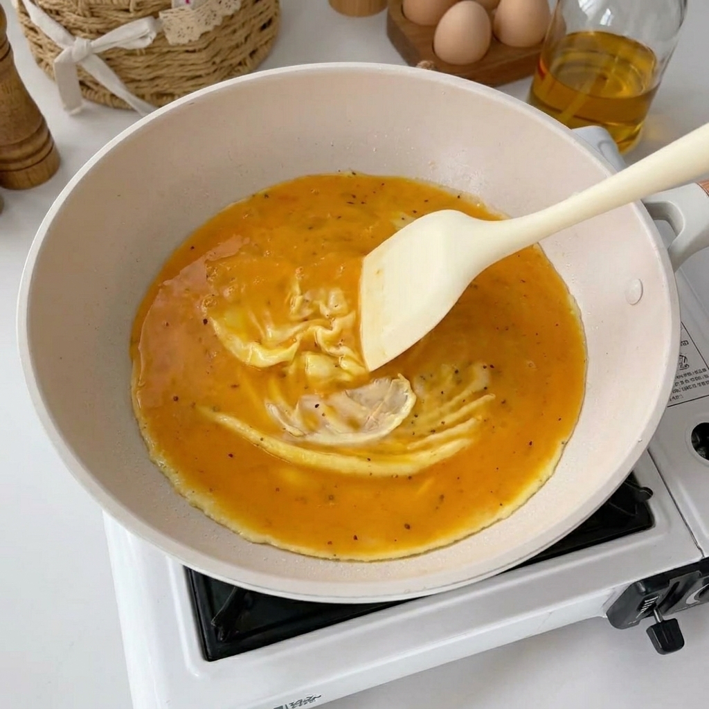 A pale spatula folding soft cooking eggs inside a white frying pan.