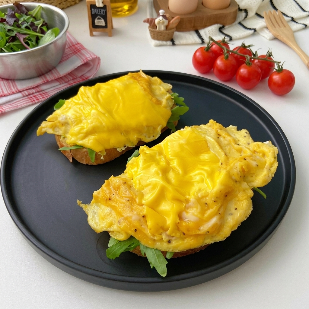 Two slices of toasted bread topped with fresh arugula and a fluffy portion of scrambled eggs covered in melted cheese.