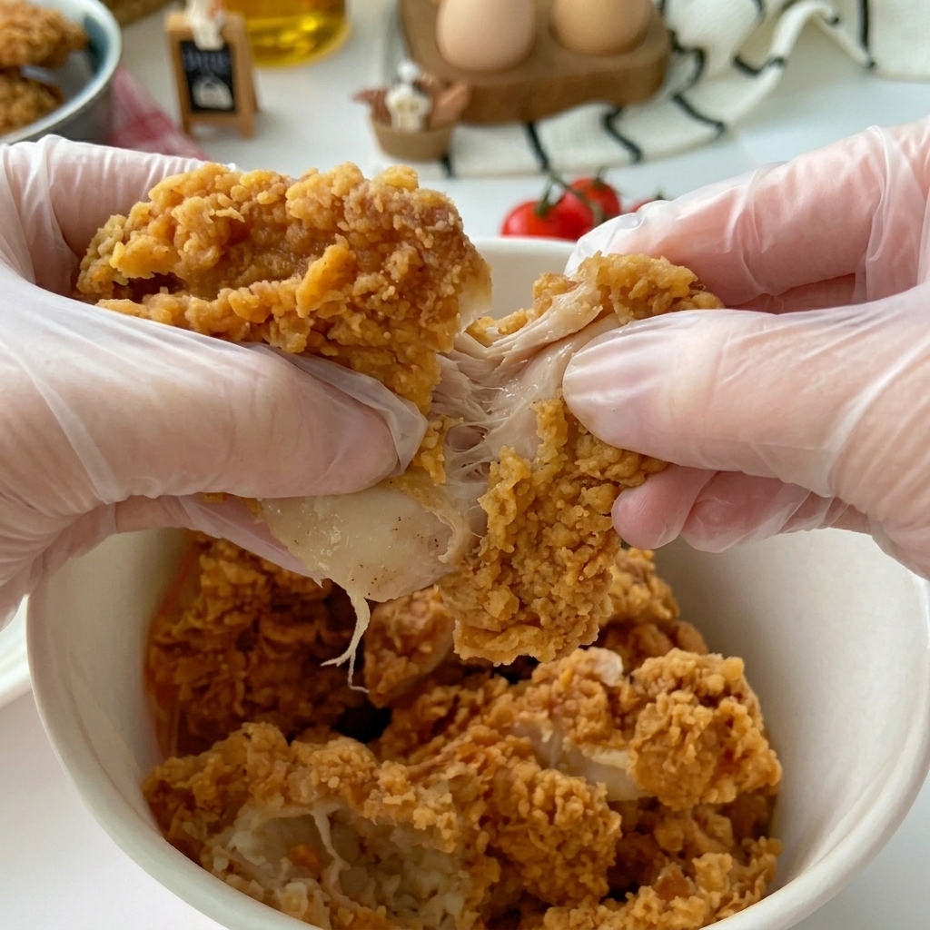 Gloved hands tearing a piece of crispy, golden-brown fried chicken in half over a bowl.