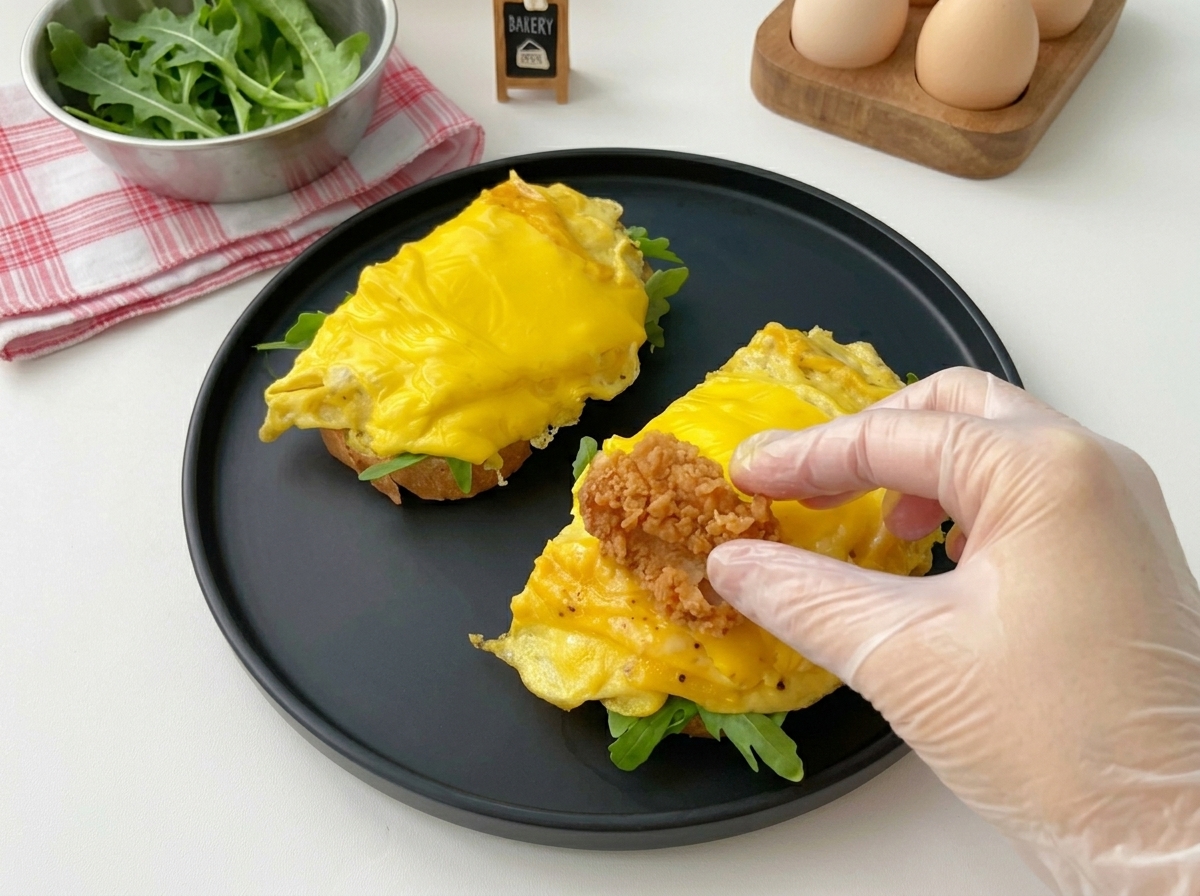 A hand placing a piece of crispy fried chicken onto an open-faced sandwich topped with cheesy eggs.