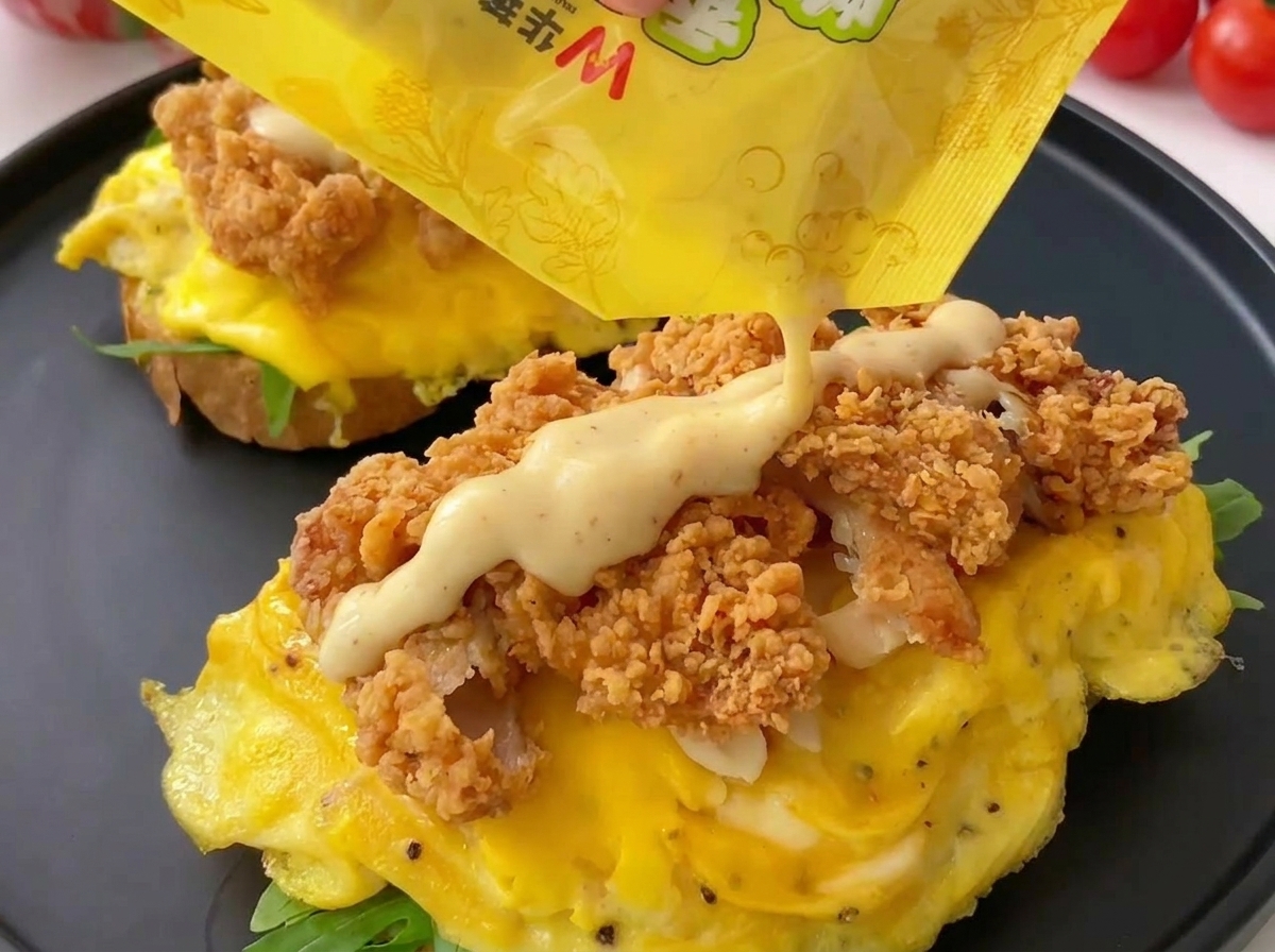 Creamy sauce being drizzled from a yellow packet over crispy fried chicken pieces on an open faced sandwich.