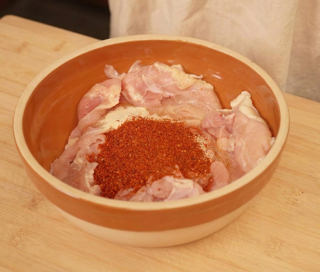 Raw chicken pieces in a brown bowl topped with red chili powder and seasonings.