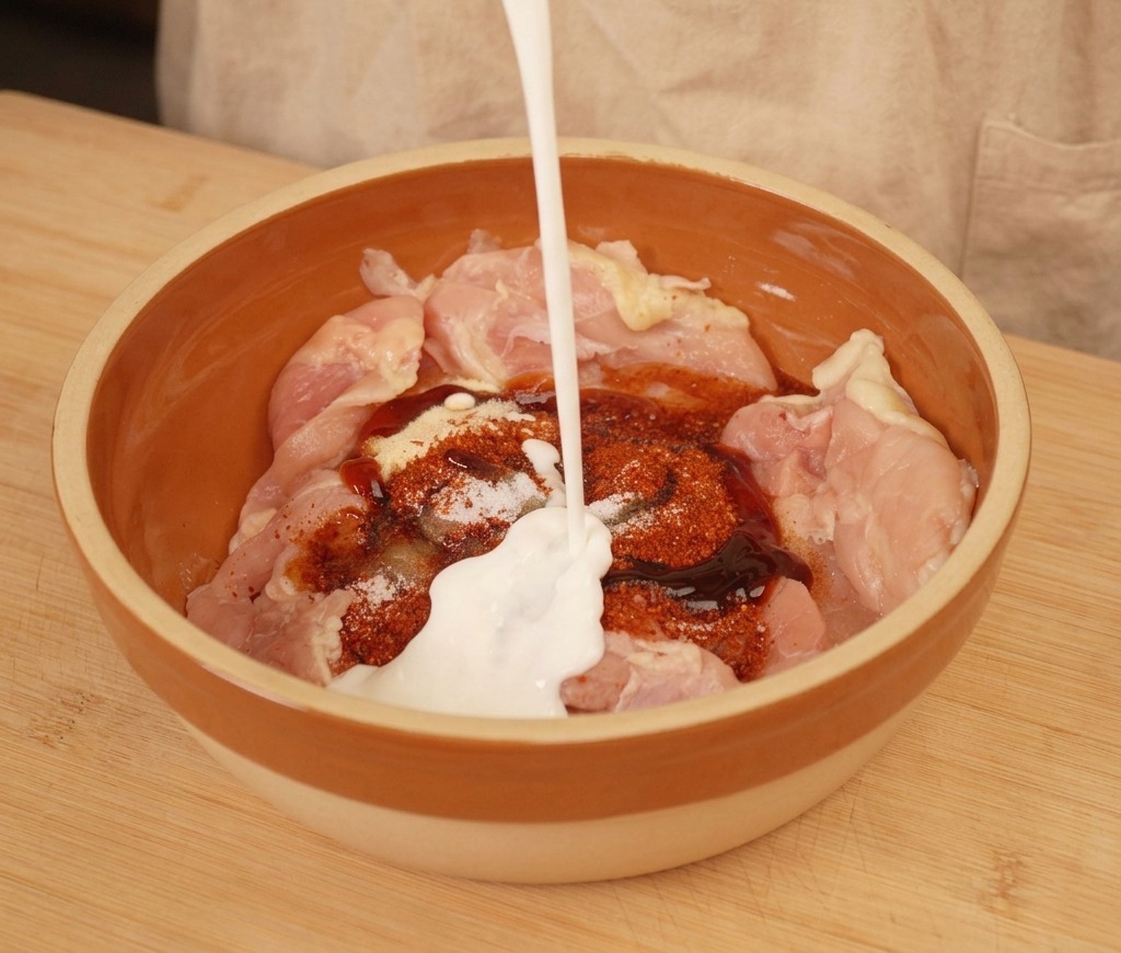 Plain yogurt being poured from a glass over raw chicken thighs and spices in a mixing bowl.