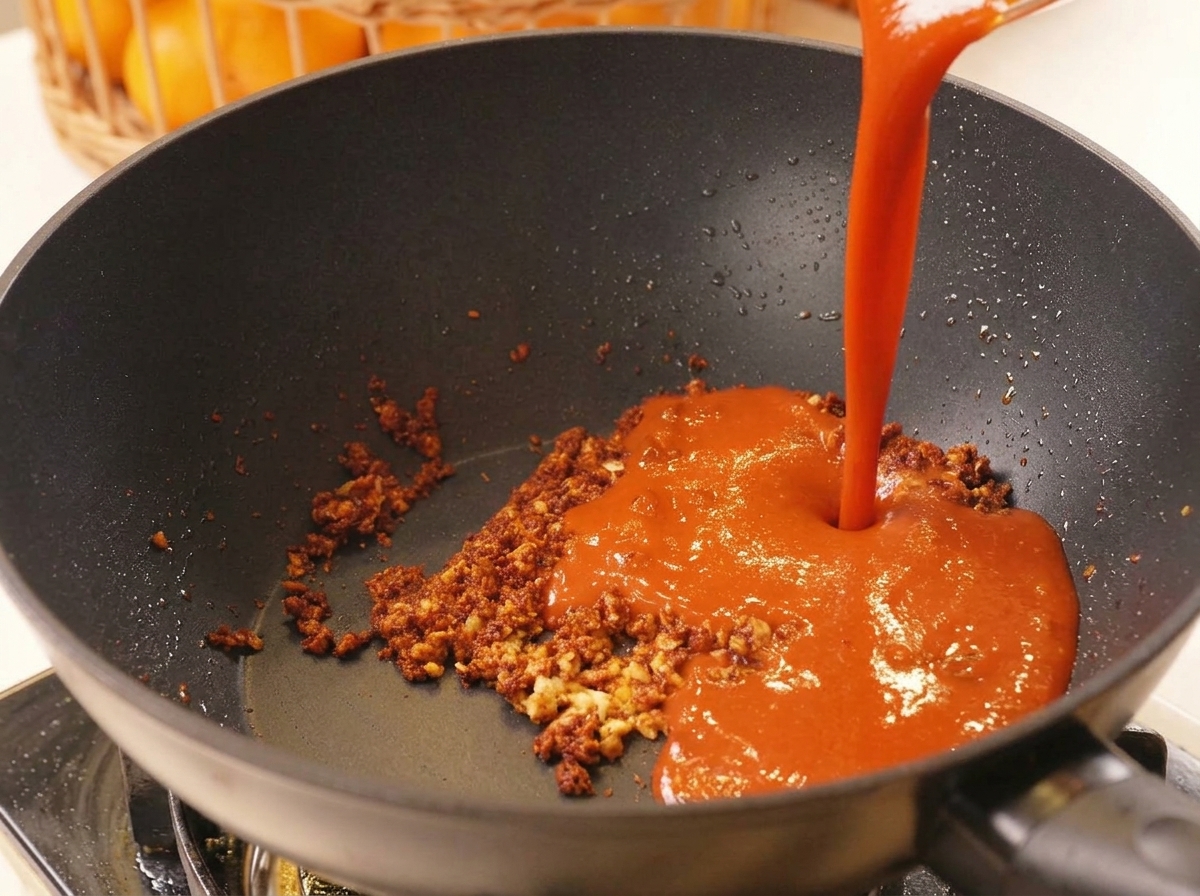 Thick red chili paste sauce being poured from a bowl into a black wok with sautéed garlic and spices.