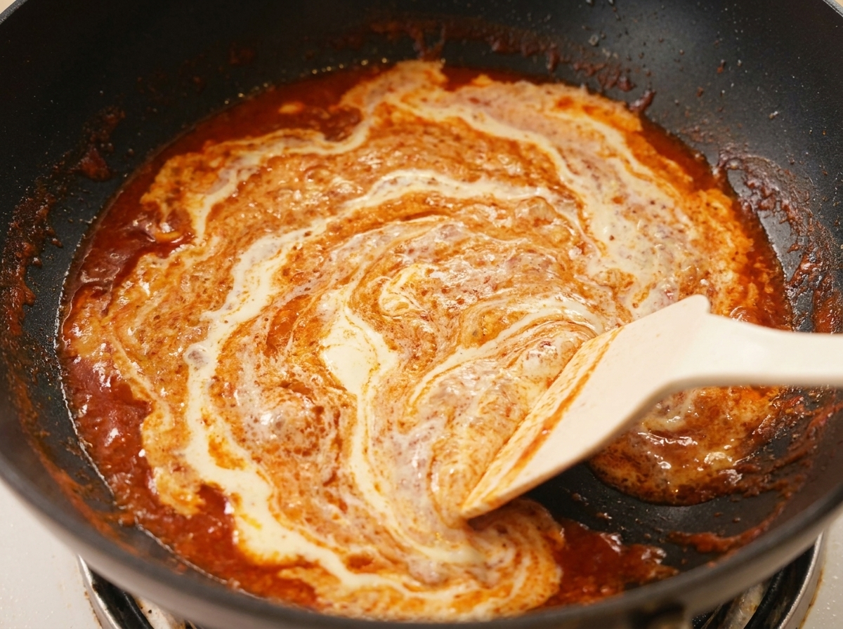 White heavy cream being swirled into a bubbling red sauce in a dark skillet with a white spatula.