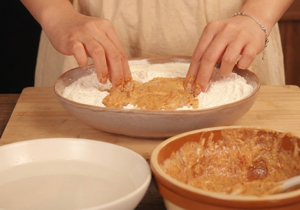 Hands firmly pressing a piece of wet, marinated raw chicken into a large bowl of dry white flour mixture.