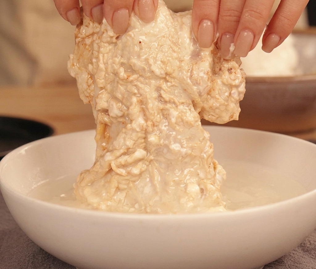 Hands lifting a piece of flour-coated raw chicken out of a white bowl filled with clear water, batter dripping down.