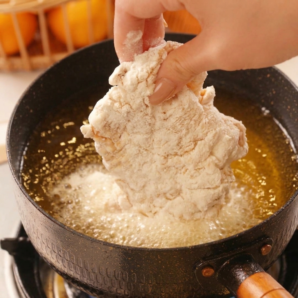 A hand carefully lowering a flour-dredged chicken thigh into a pot of shimmering hot oil with bubbles forming around the edges of the meat.