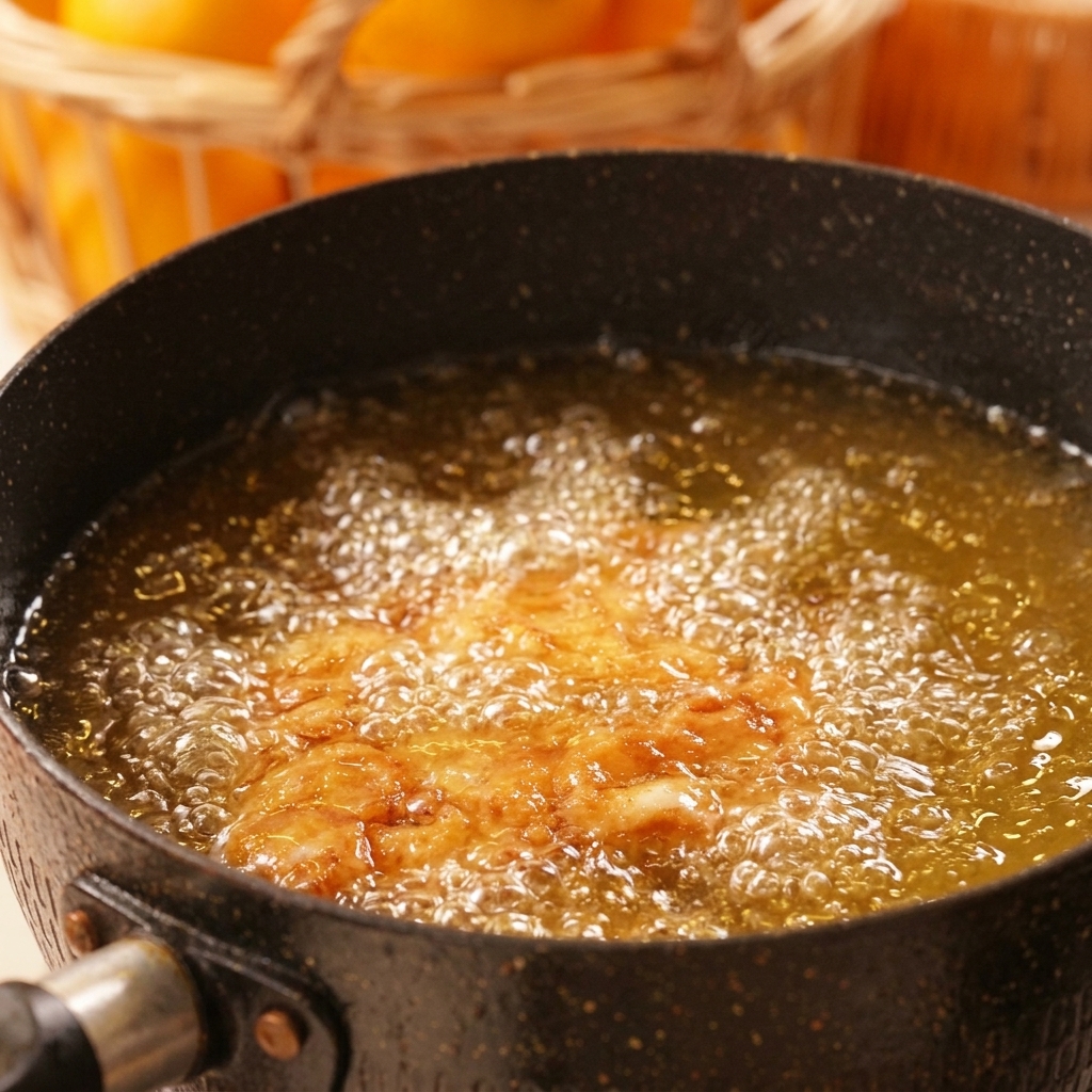 A piece of breaded chicken frying in a black pot filled with bubbling hot oil.