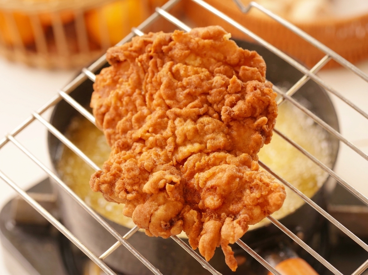 A large piece of golden-brown, crispy fried chicken resting on a metal wire cooling rack over a pot.