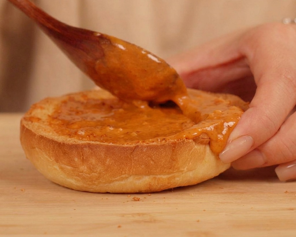 A wooden spoon spreading orange spicy cream sauce onto the bottom half of a toasted burger bun.