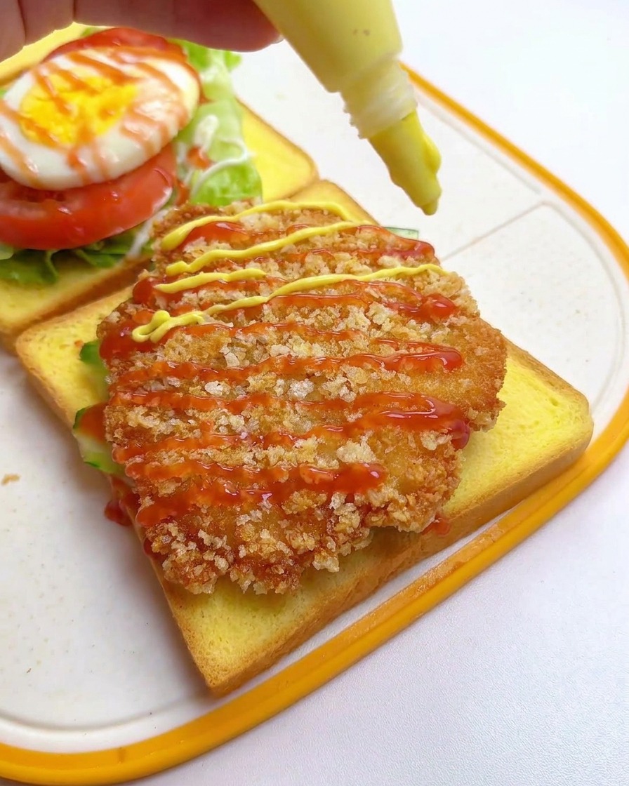 Yellow honey mustard being squeezed from a bottle onto a crispy fried chicken cutlet that is already drizzled with red ketchup.