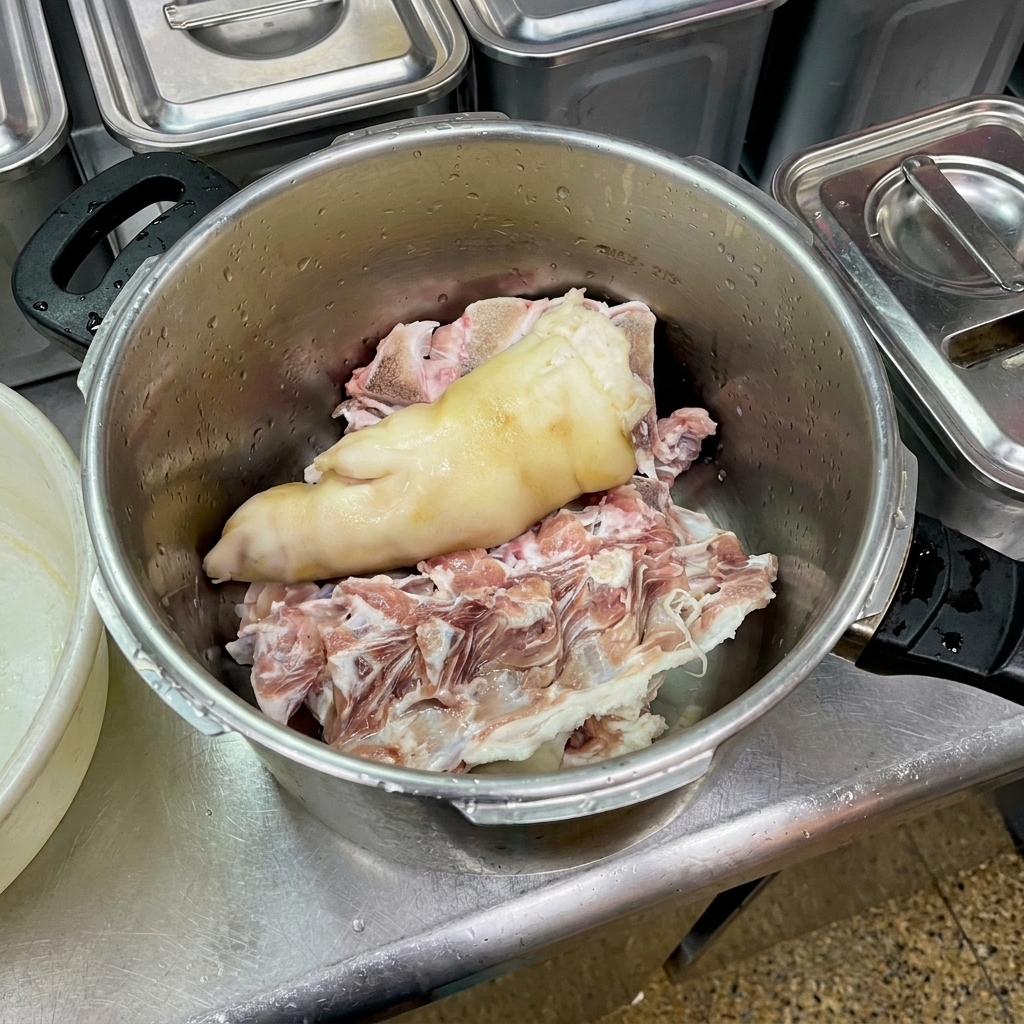 A large metal pot containing raw pork bones, a whole pig trotter, and several chicken feet, ready to be boiled.