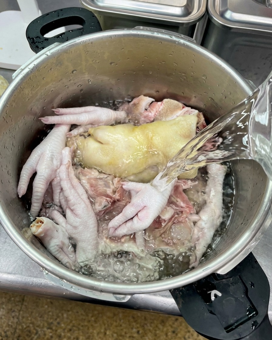 Clear water being poured from a pitcher over raw pork bones, a pig trotter, and chicken feet in a metal pot.