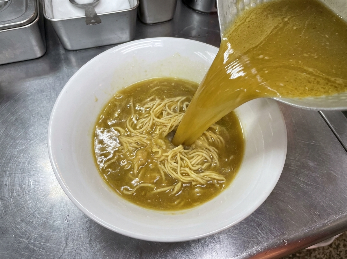 Thick, cloudy tonkotsu broth being poured from a metal pot over a portion of cooked ramen noodles in a white ceramic bowl.