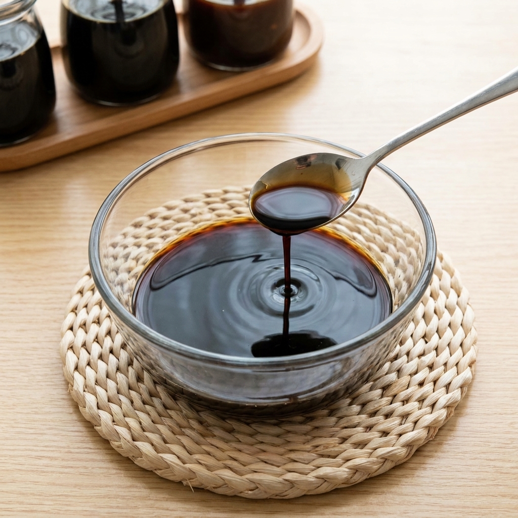 Pouring dark, thick oyster sauce from a metal spoon into a clear glass bowl already containing a dark soy sauce mixture.