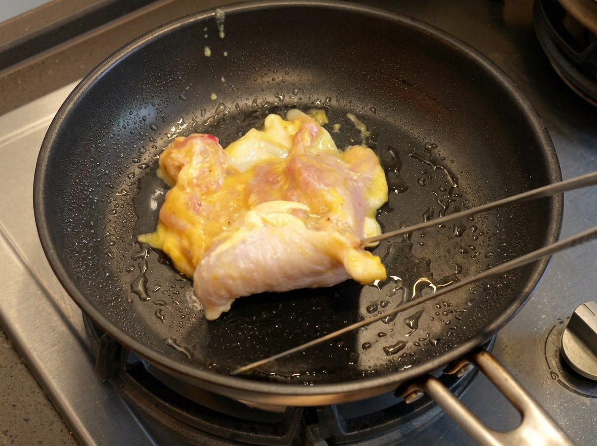 A raw, marinated chicken thigh being placed into a hot, oiled black frying pan with metal tongs.