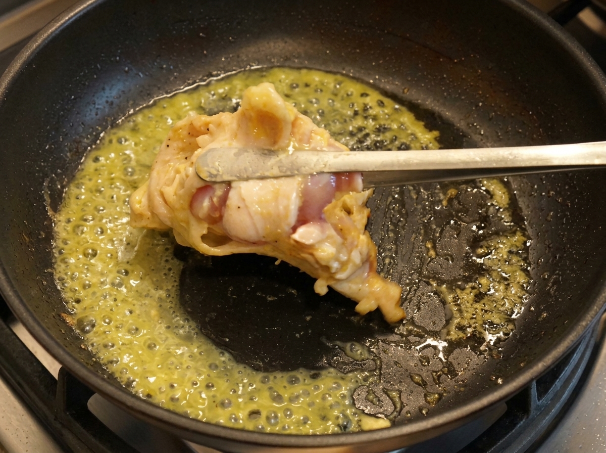 Tongs flipping a partially cooked chicken thigh over in a bubbling frying pan.