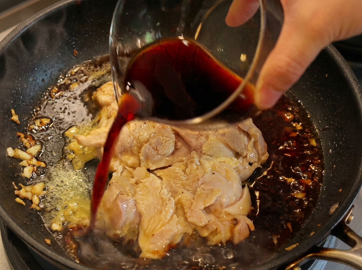 Hand pouring a dark sauce mixture from a glass bowl over a cooking chicken thigh in a frying pan.