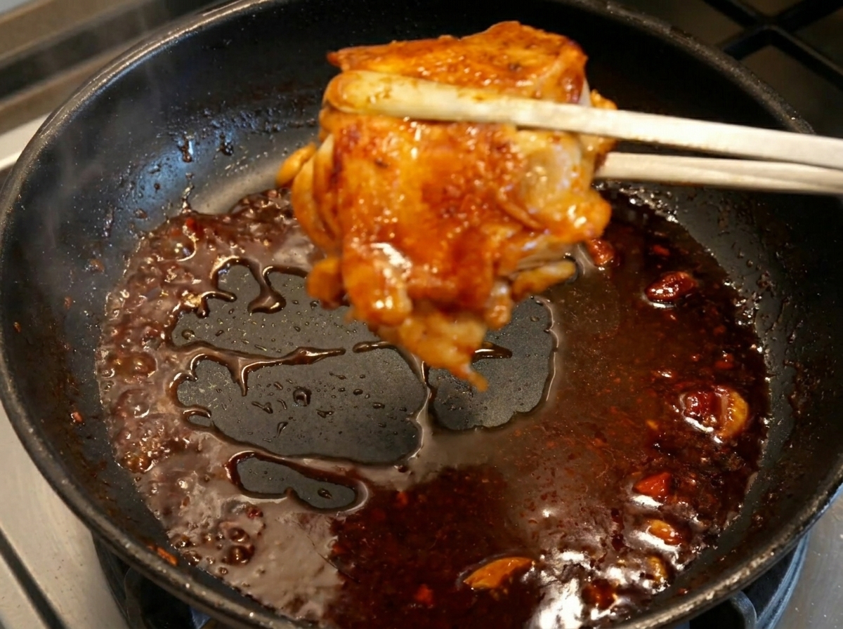Tongs lifting a glossy, dark-glazed chicken thigh out of a frying pan with reduced sticky sauce.