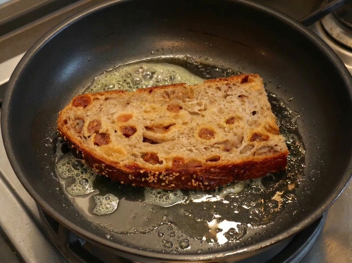 A thick slice of artisan bread toasting in a frying pan with bubbling melted butter.