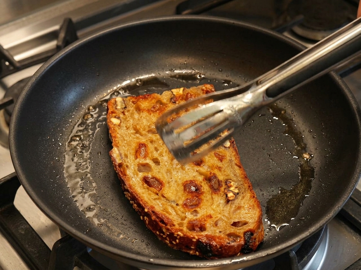 A slice of seeded bread being flipped with tongs in a pan, showing a deeply toasted, golden-brown side.