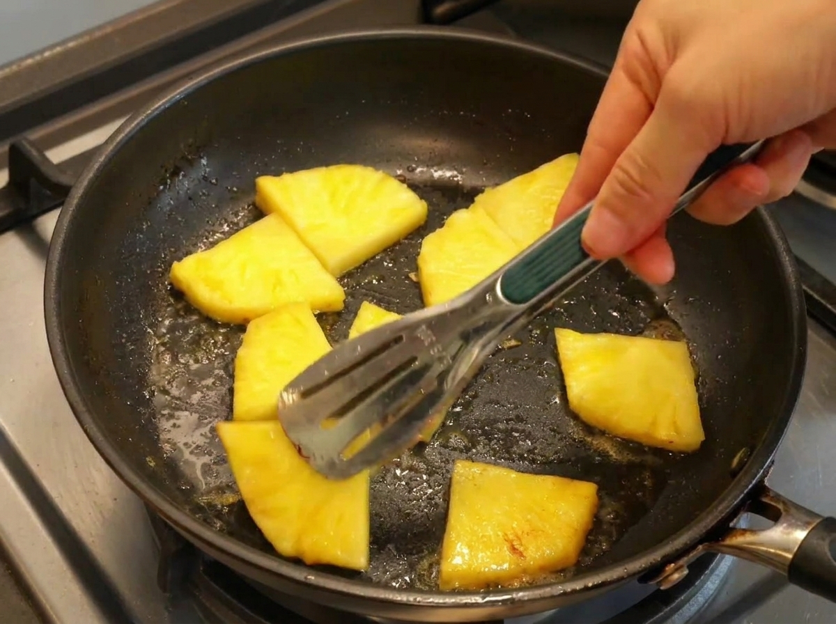 Metal tongs flipping bright yellow pineapple slices in a hot skillet with melted butter.