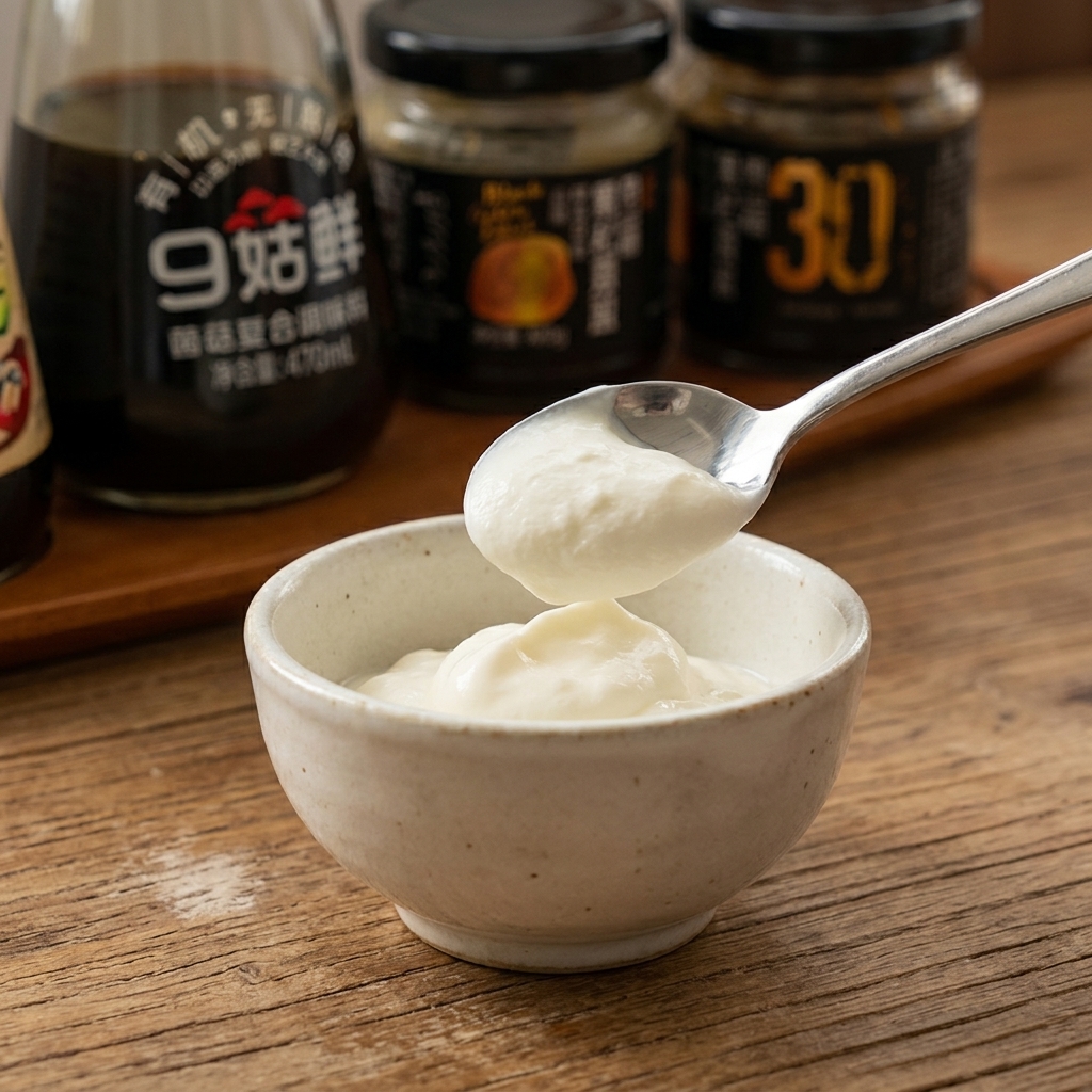 A spoonful of creamy mayonnaise being added into a small rustic bowl filled with white yogurt.