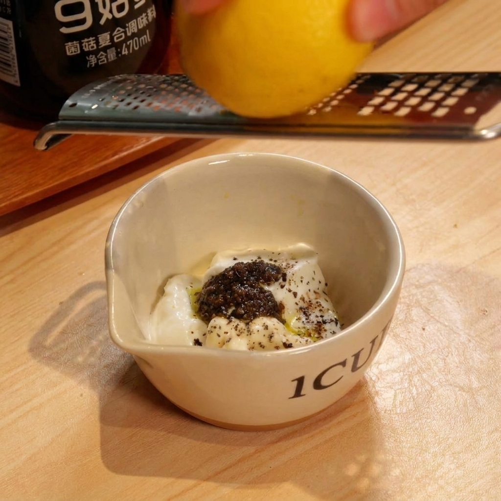A hand holding a fresh yellow lemon and using a microplane to grate the zest into a small bowl containing white yogurt, dark black truffle sauce, and cracked black pepper.