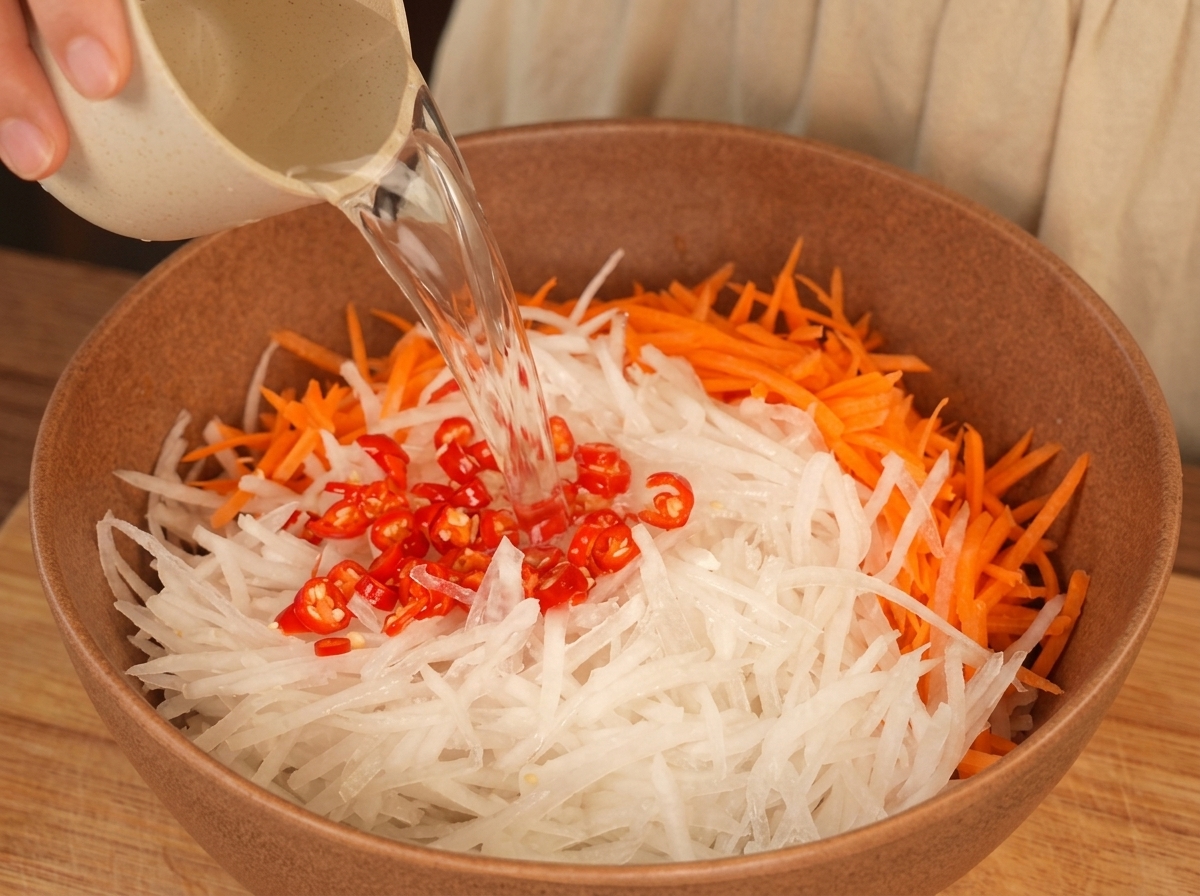 Pouring a clear liquid over julienned white radish, carrots, and red chilies in a brown bowl.
