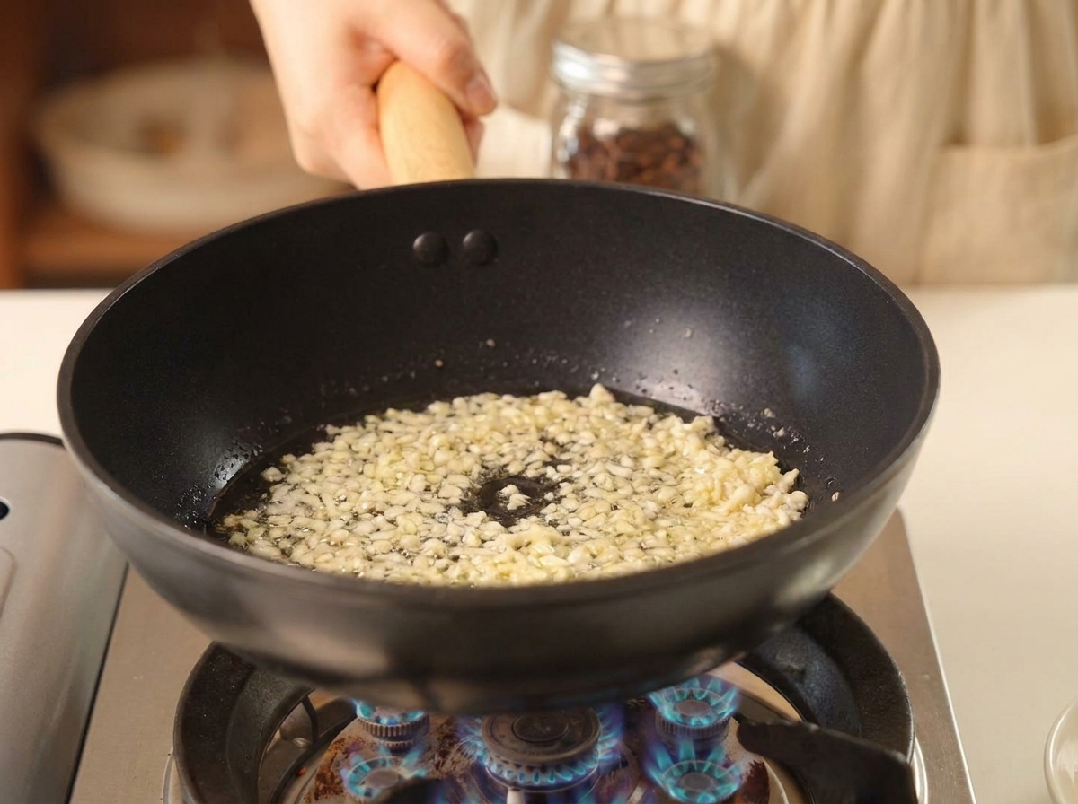 Minced garlic frying in a black pan with bubbling hot oil.