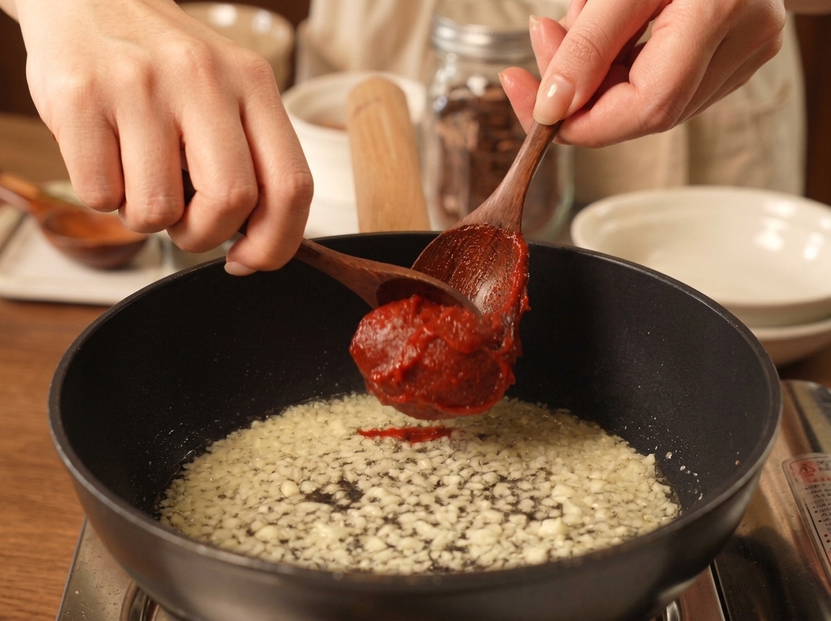 Two wooden spoons adding a large scoop of thick red chili paste into a pan with fried garlic.