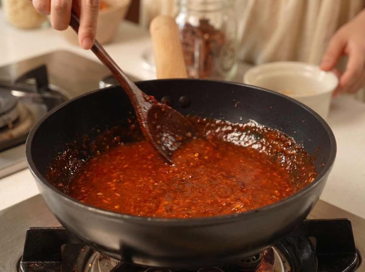 A wooden spatula stirring crushed peanuts into a thick, dark red chili sauce in a black frying pan.