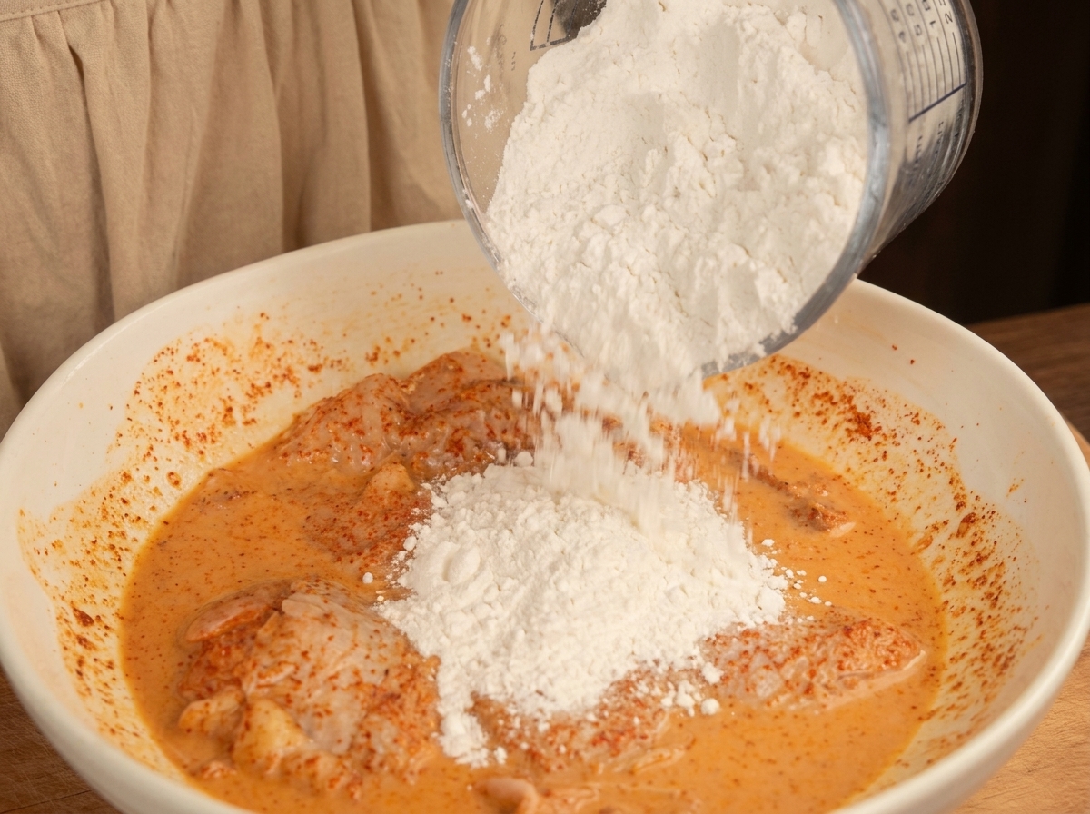 White frying powder being poured from a measuring cup directly into a bowl containing raw marinated chicken pieces.
