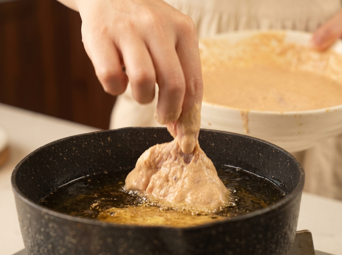 A hand gently dropping a piece of thickly battered chicken into a pan of bubbling hot oil.