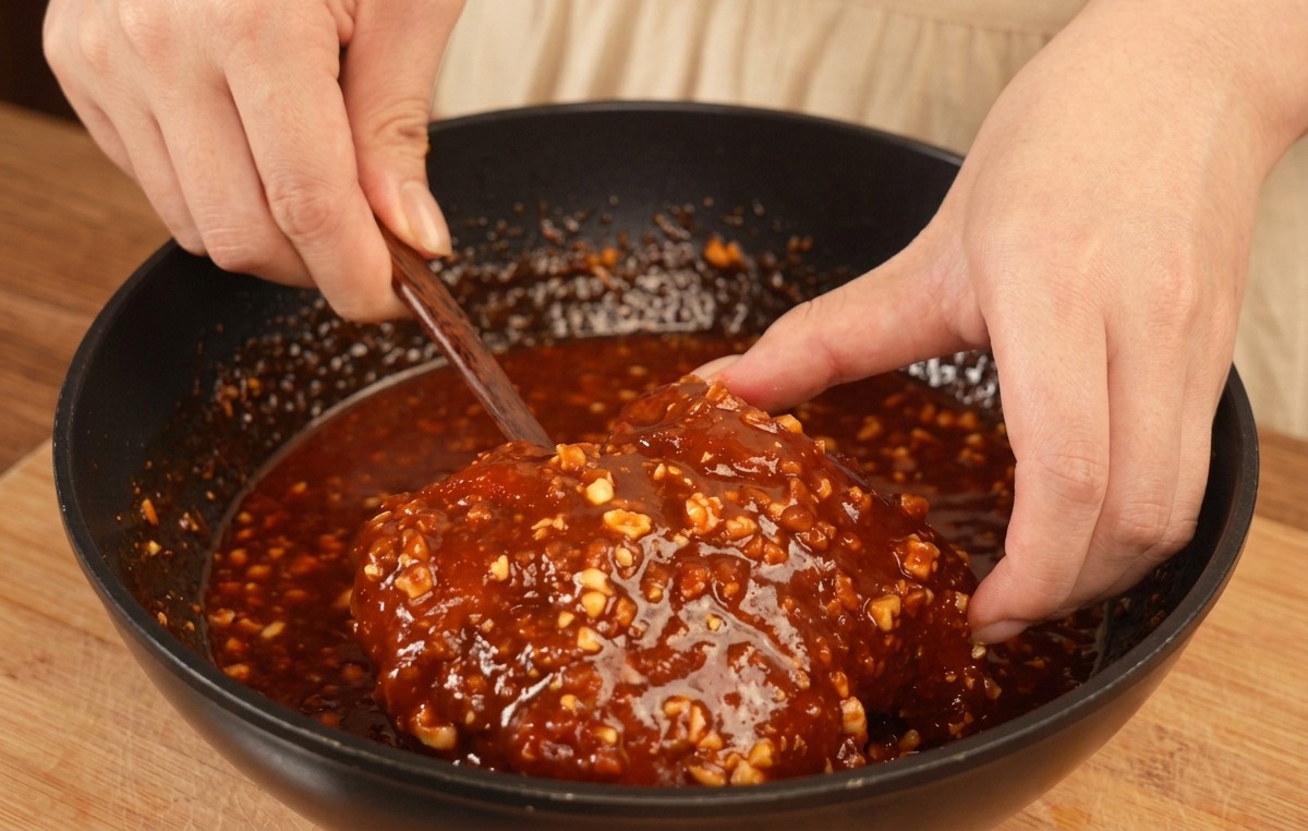 A large piece of fried chicken being coated in a dark red, peanut-speckled sweet and spicy sauce inside a black pan.