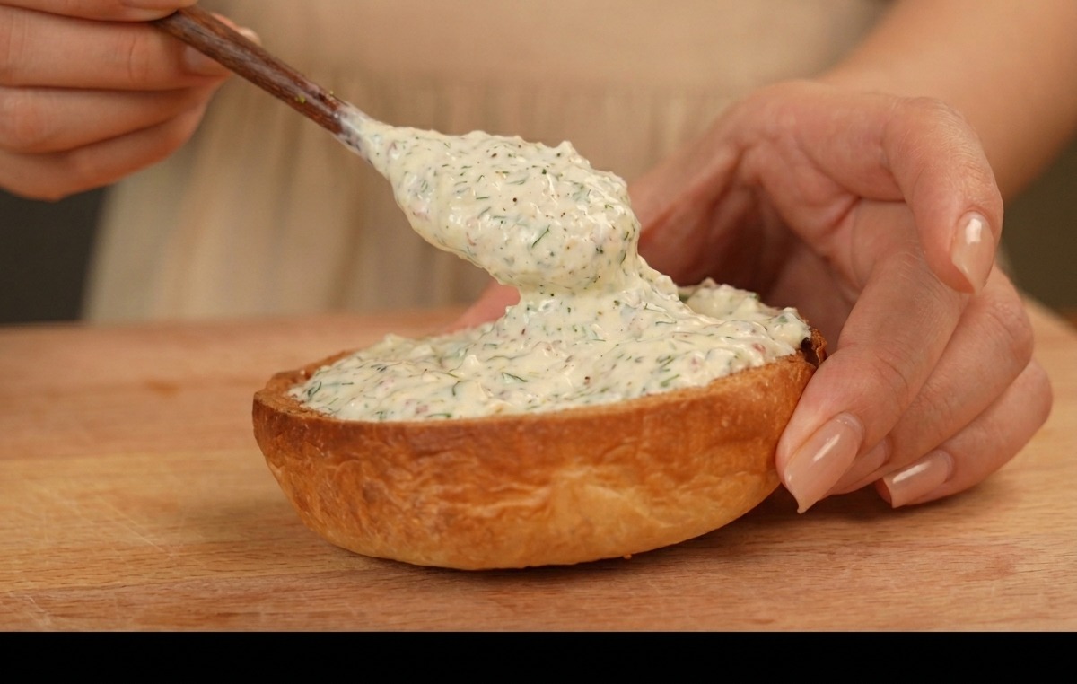 A creamy white herb dressing being scooped onto a toasted burger bun bottom.
