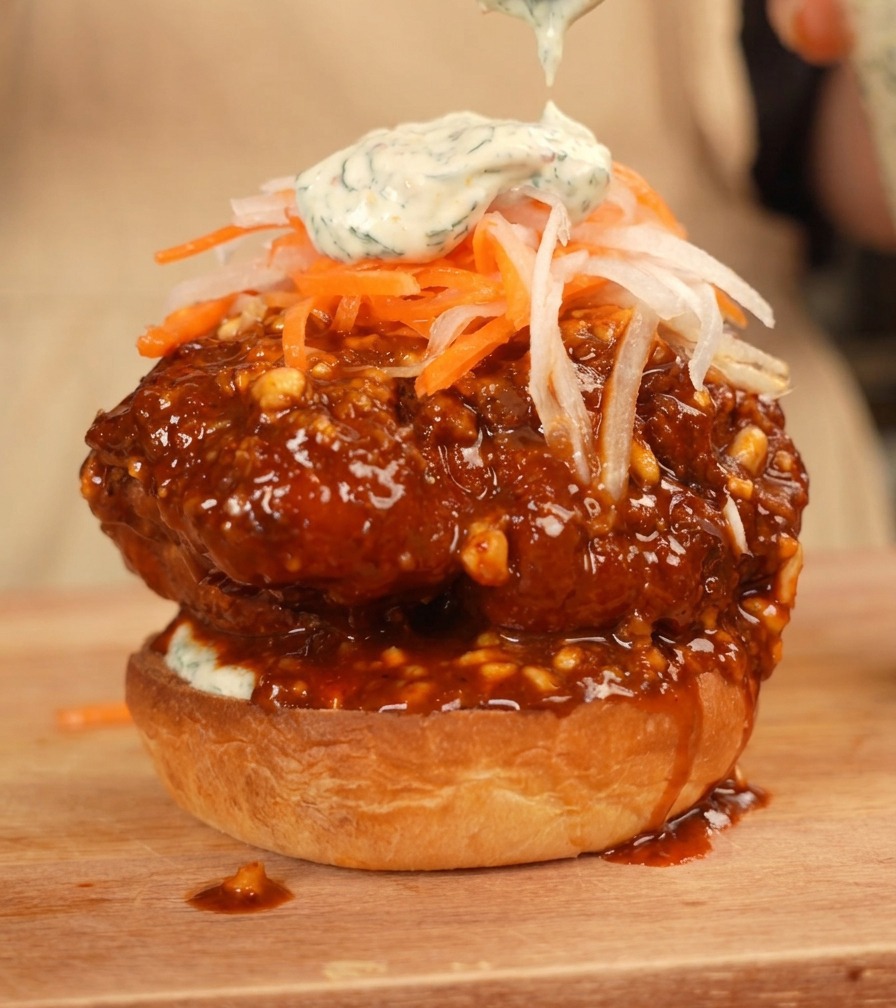 A spoonful of creamy green herb dressing being drizzled over julienned carrots and radish on a towering fried chicken burger.
