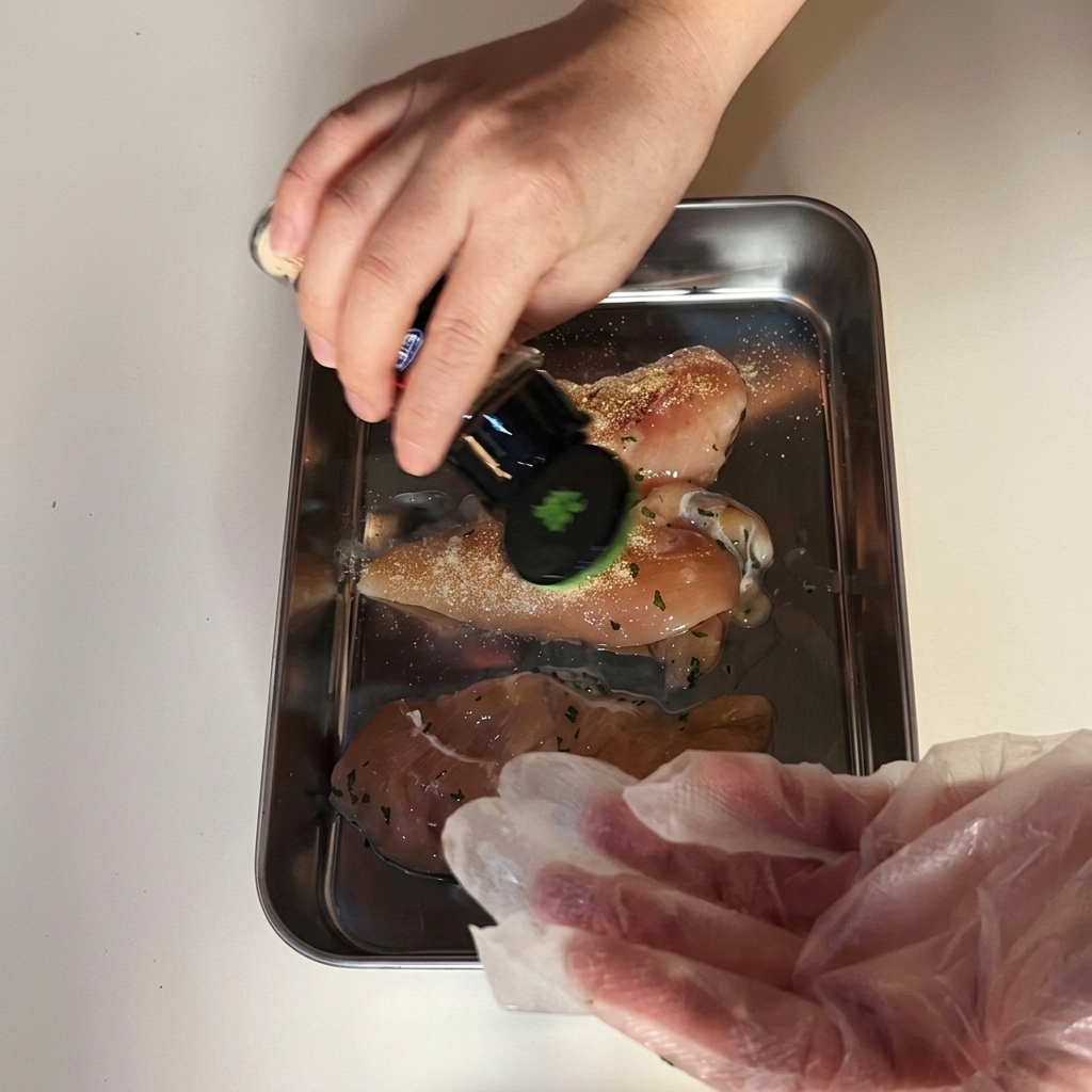 A hand shaking a bottle of garlic powder over raw, slightly wet chicken breasts arranged on a metal tray.