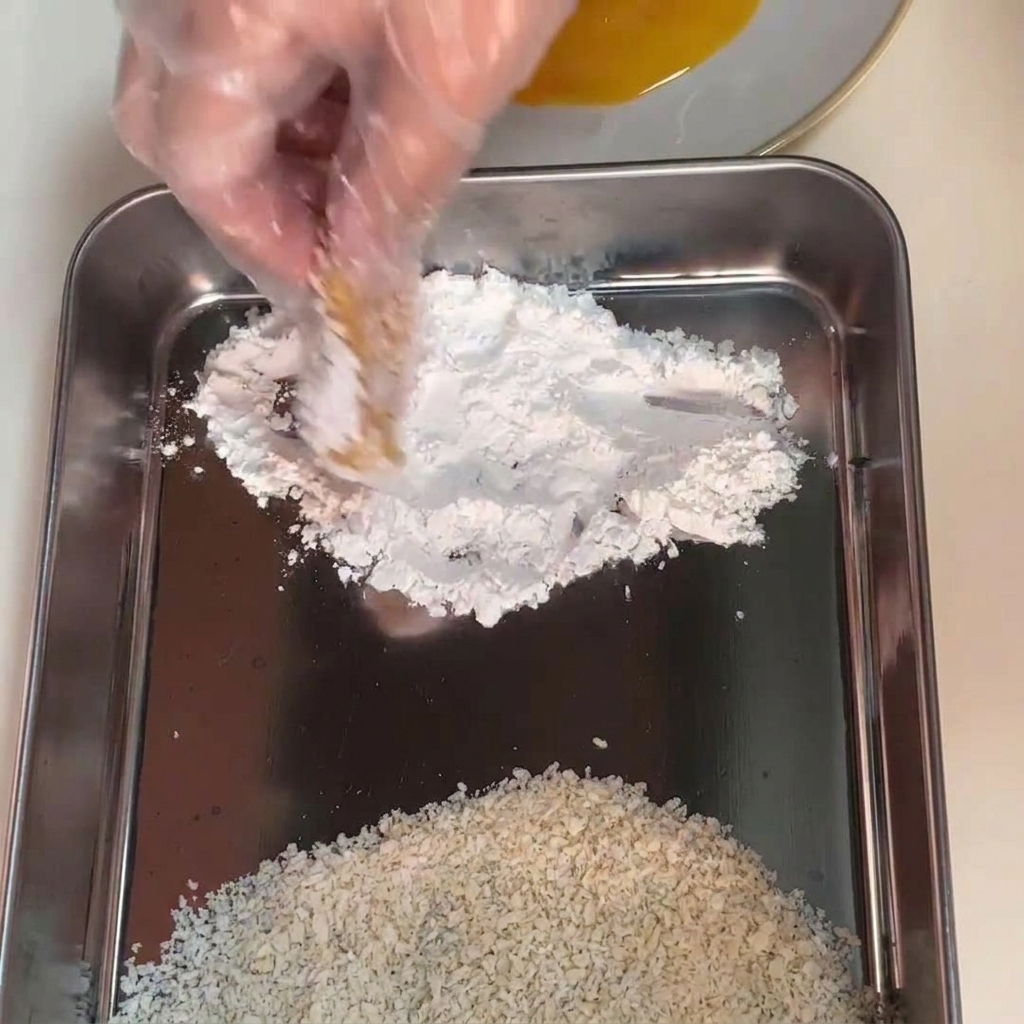 A gloved hand dredging a piece of seasoned raw chicken breast into a mound of white cornstarch on a stainless steel tray.
