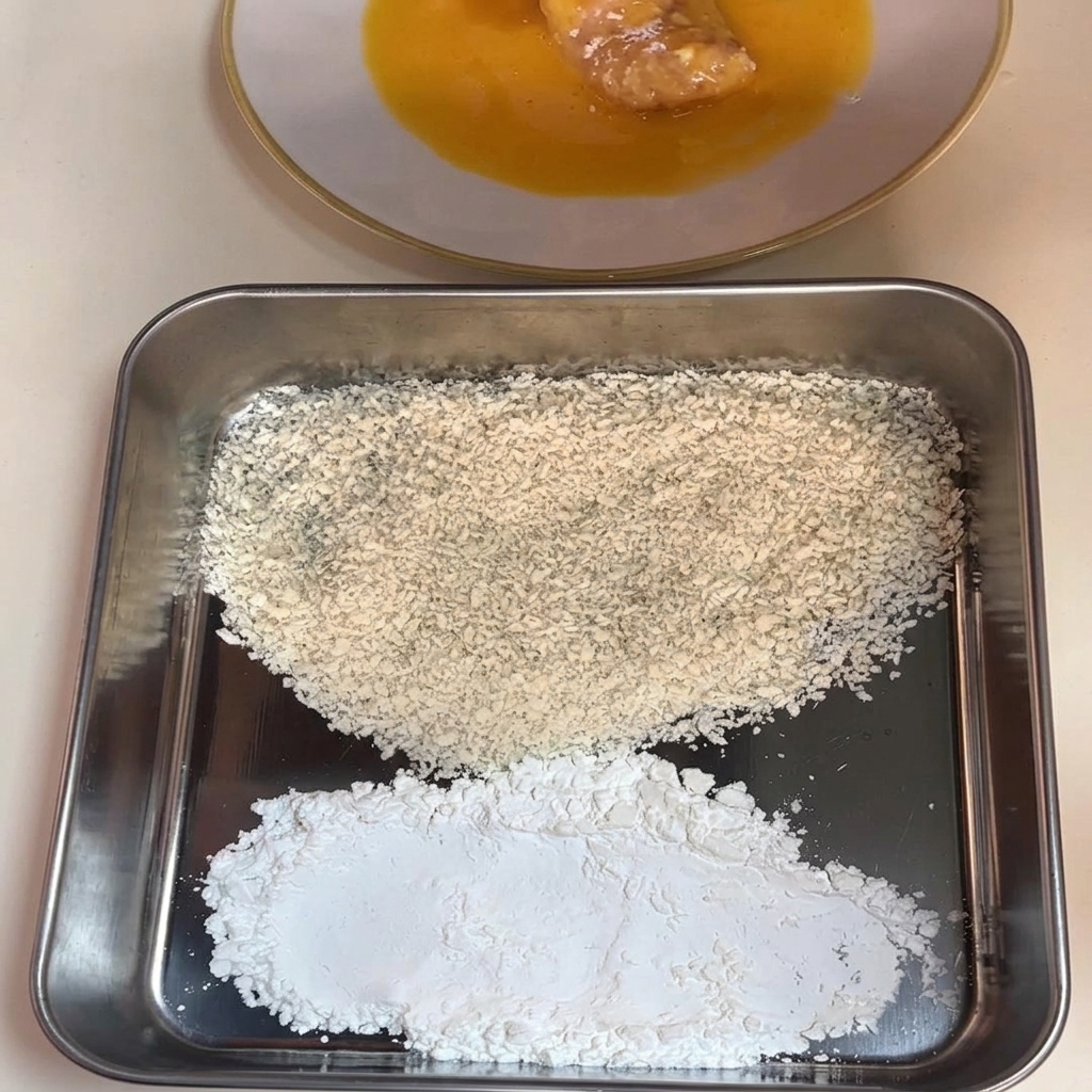 A starch-coated chicken breast soaking in a shallow white plate filled with whisked yellow egg wash.