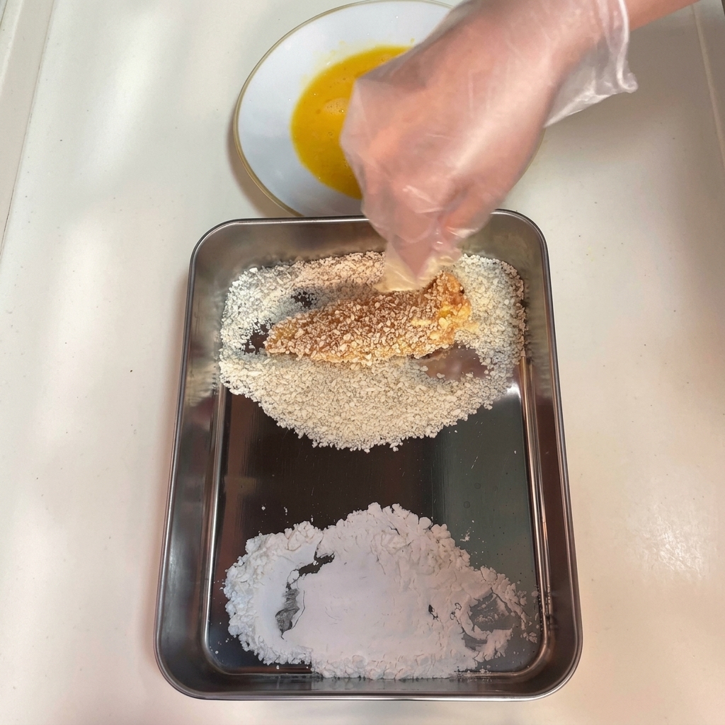 A gloved hand firmly pressing a wet, egg-coated chicken breast down into a bed of breadcrumbs on a metal tray.