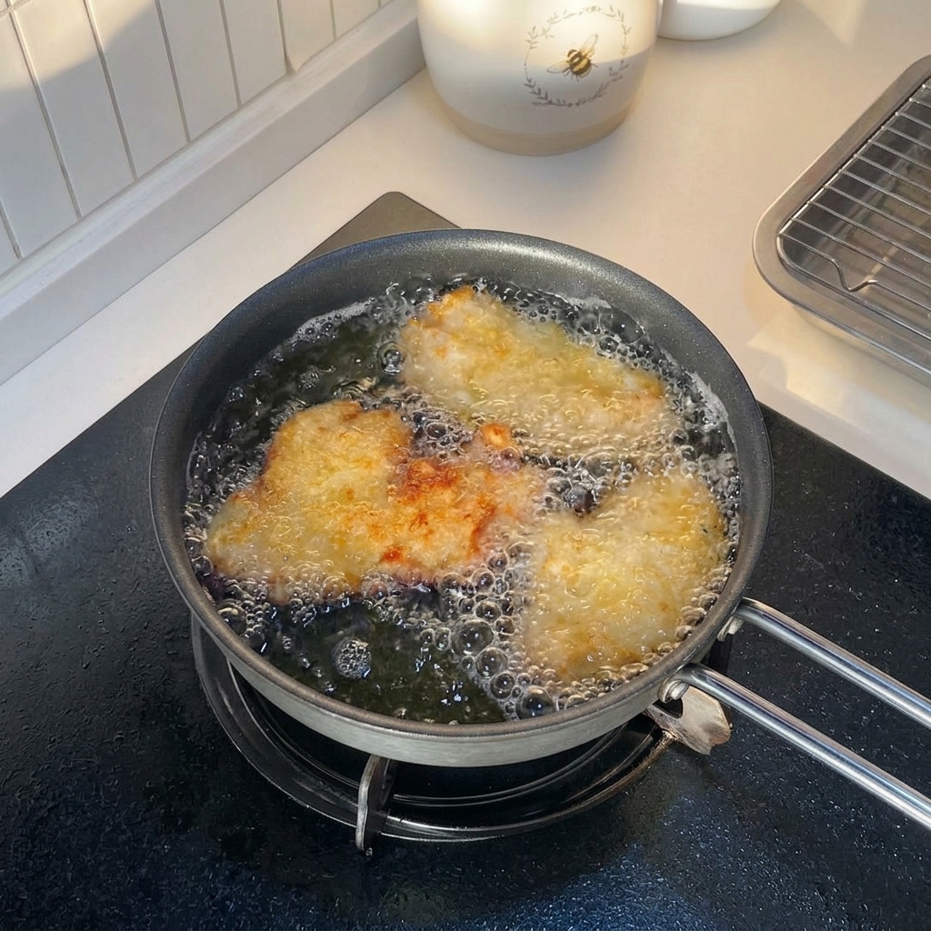 Breaded chicken fillets frying in a pan of bubbling hot oil, with the visible edges turning golden brown.