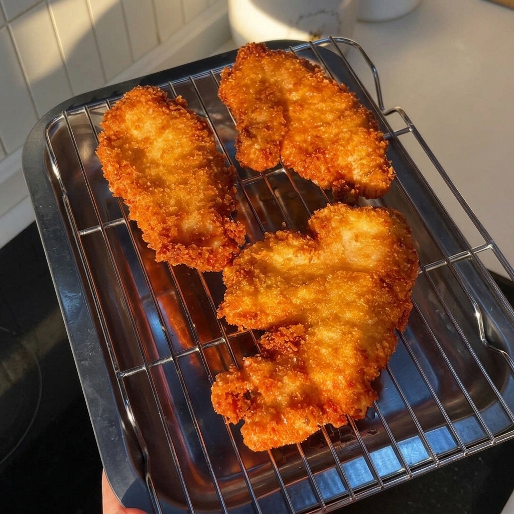 Three pieces of dark golden, crispy double-fried chicken resting on a stainless steel wire cooling rack.