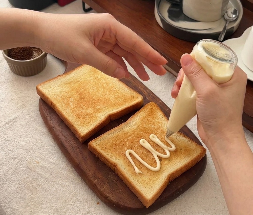 A person squeezing low-fat mayonnaise from a clear bottle onto a square slice of toasted bread.